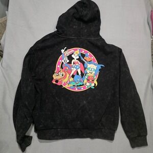 Warner Bros 100 Looney Tunes DC Super Heroes Zip Hoodie Black Acid Wash XL